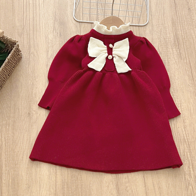 Girls' woolen dress, children's knitted dress, new bow fashion long dress, baby girl dress