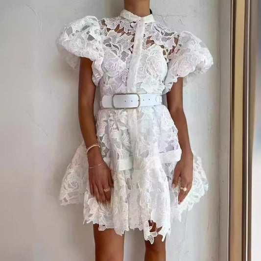 A new summer dress sweet and cute bubble sleeves short sleeves with belt waist water soluble lace dress short skirt