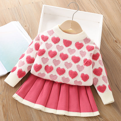 A girls sweater set autumn and winter new Korean version cute baby granular velvet love knitted pullover two-piece set