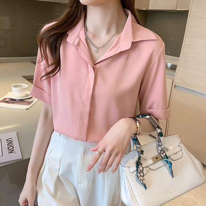 A short-sleeved semi-open neck chiffon shirt women's 2024 Korean version shirt design sense niche loose large size casual top summer