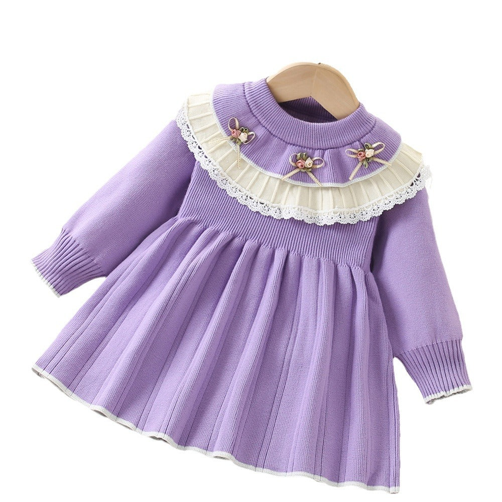 A girls sweater dress autumn and winter new Korean version of foreign style flower baby knitted long-sleeved pullover princess dress