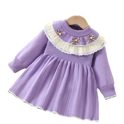 A girls sweater dress autumn and winter new Korean version of foreign style flower baby knitted long-sleeved pullover princess dress