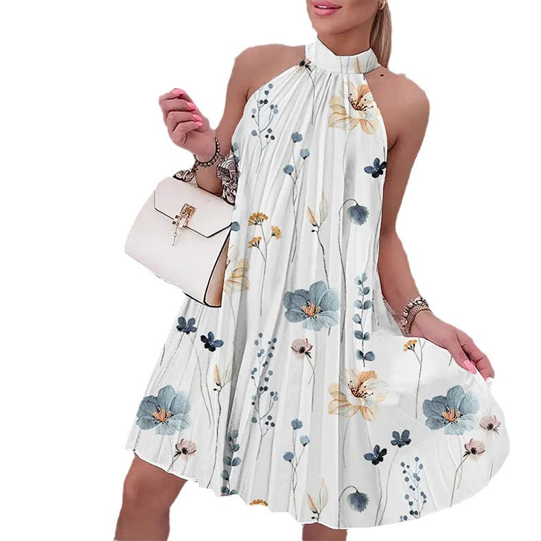 A European and American women's clothing 2023 new independent station Wish Amazon one button sleeveless printed hanging neck pleated dress