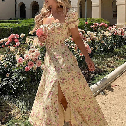 A 2024 Amazon European and American women's clothing summer new printing French floral backless slim suspender split dress