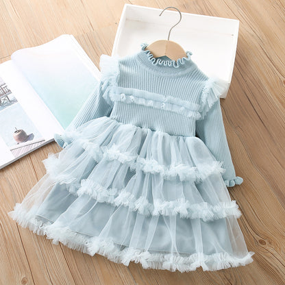 A girls sweater dress autumn and winter new foreign style sweet knitted splicing mesh long sleeve cake princess dress