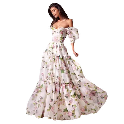 A 2024 new spring and summer off-the-shoulder European and American women's clothing fashion organza fairy long temperament evening dress dress