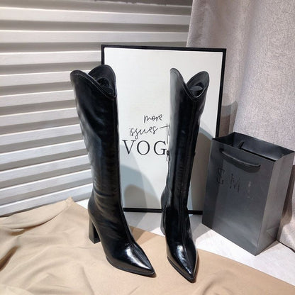 A but knee boots women wear autumn and winter 2023 pointed thick heel knight boots Chelsea V-mouth thin boots