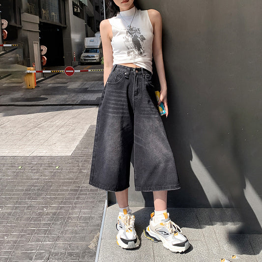 A orange silk women&#039;s dress # American street retro ins black and gray wide-leg cropped pants spring and summer high waist high street jeans pants women