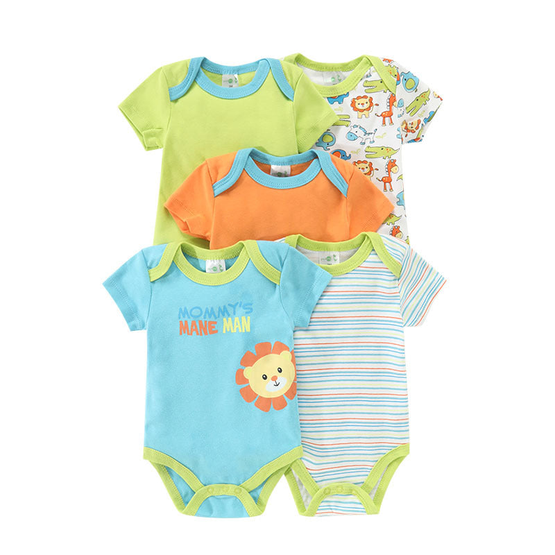 New baby summer short-sleeved khaki 5-piece set 0-1-year-old baby newborn fart suit wholesale 1batch = 5 pieces price for 5piece, 0.25kg.