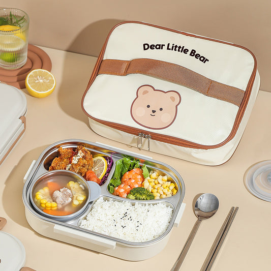 A 304 stainless steel insulated lunch box divided into two cute student compartments, sealed bento box with lid, lunch box