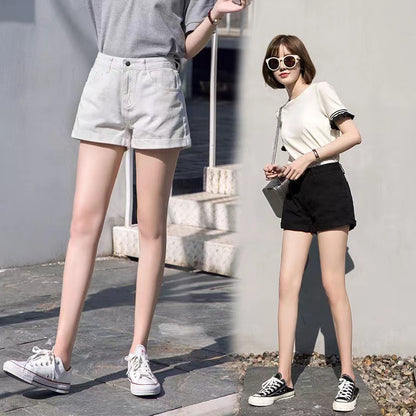 A high waist black denim shorts female summer student curled edge loose and thin a word wide leg pants hot pants Korean version tide