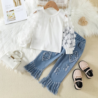 New Children's Wear Girls' Mesh Spliced Clear Color Top with Beaded Tassels and Ragged Edge Jeans Cross border Children's Set 0.3kg