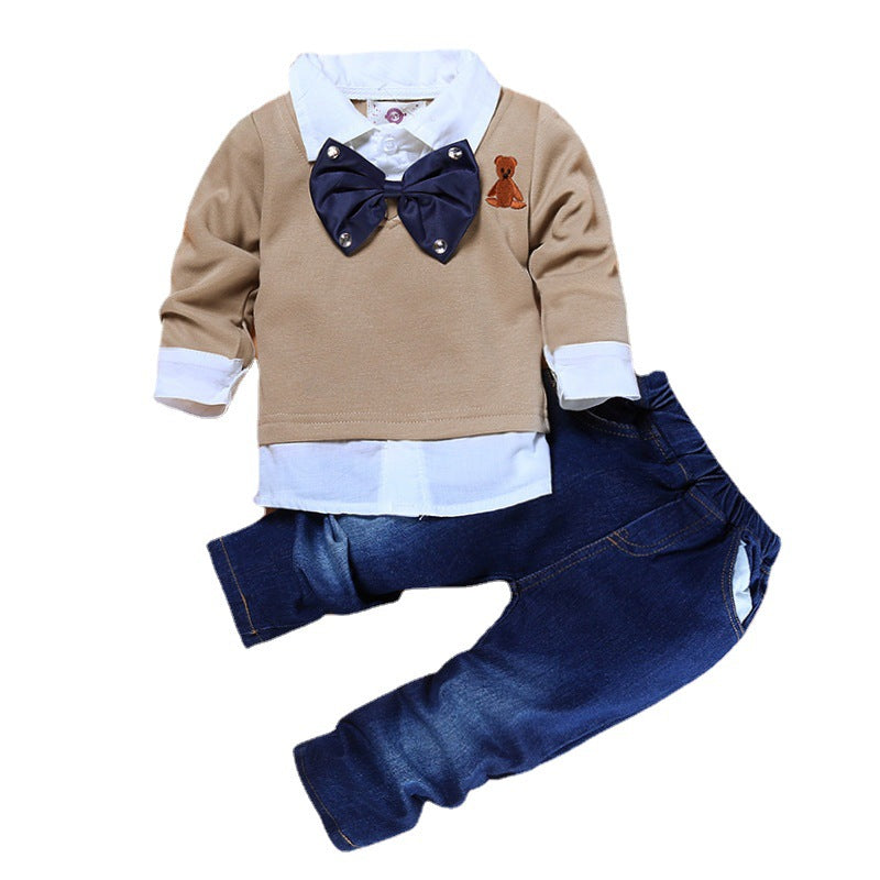 European and American foreign trade children's clothing boys' autumn clothes sweatshirt denim suit gentleman bow tie fake two pieces children's 273-378g