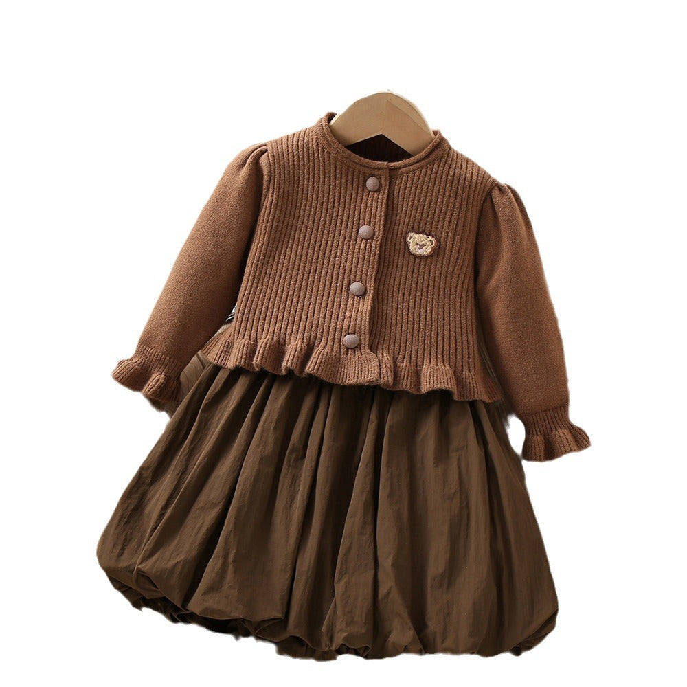 A girls sweater set autumn and winter new Korean version cute cartoon solid color knitted vest skirt cardigan two-piece set