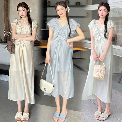 A maternity dress summer 2024 new French design sense drawstring V neck thin fairy short sleeve fairy long dress