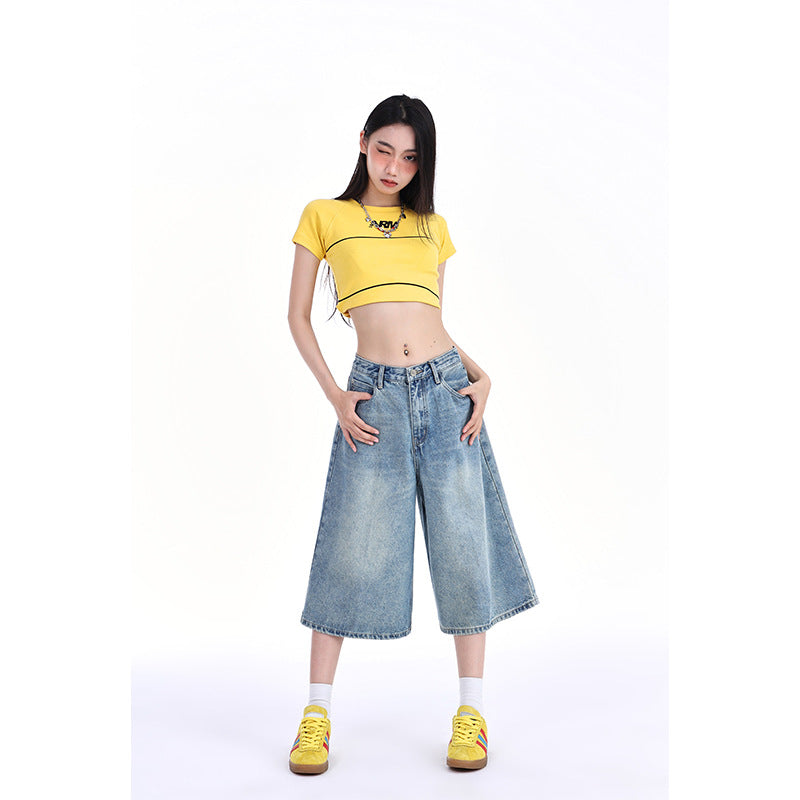 A American retro jeans women's summer new wide-legged straight-leg low-rise slim street trend cropped pants