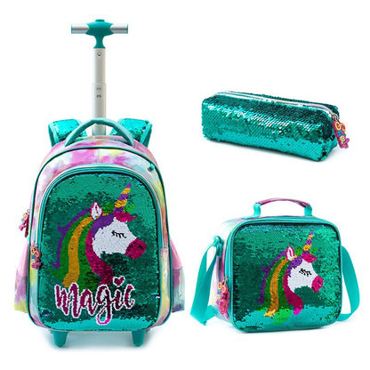 A Cross border New Bead Cute Cartoon Primary School Girl 16 inch Load Reduction Rod School Bag Children's Illusion Three piece Set