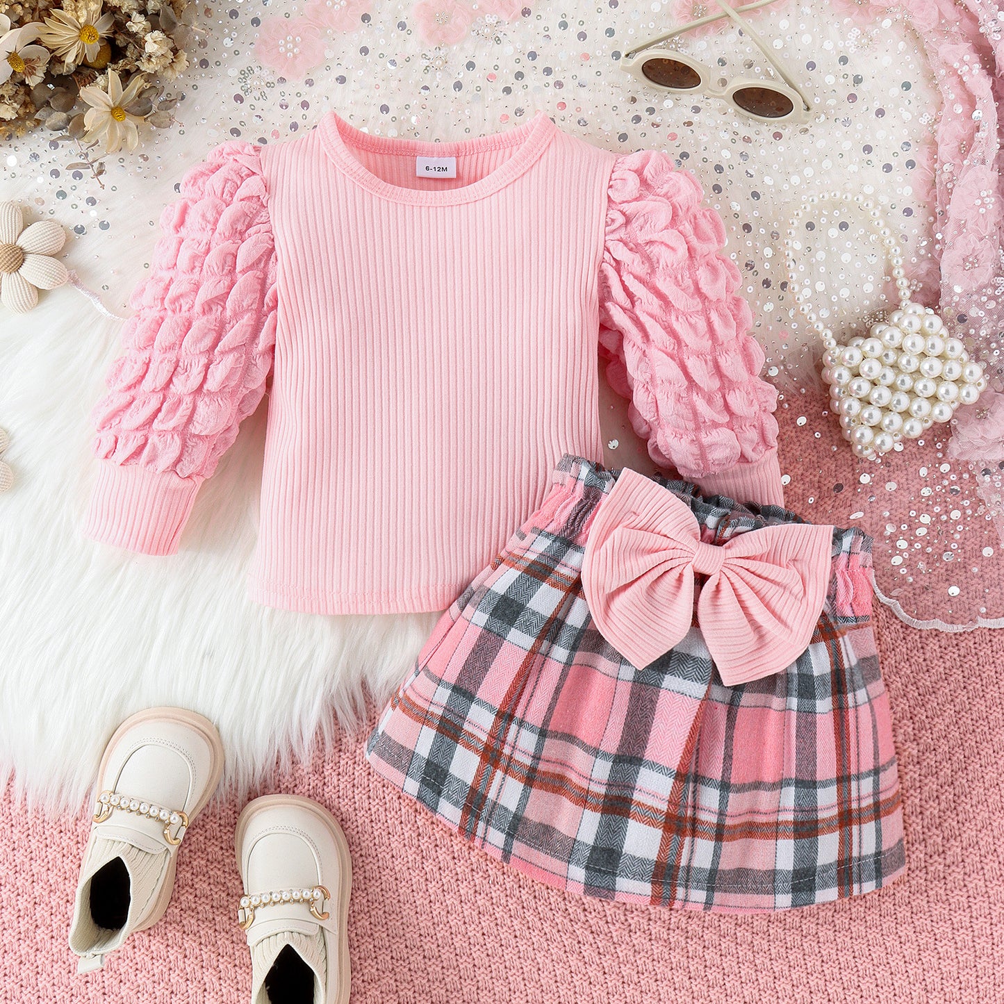 Ropa infantil Treasure Salary Transfronteriza Europa y América Otoño e invierno Nuevo bebé y niño Blusa de manga abullonada Falda corta con lazo a cuadros Conjunto de dos piezas 0,22 kg 