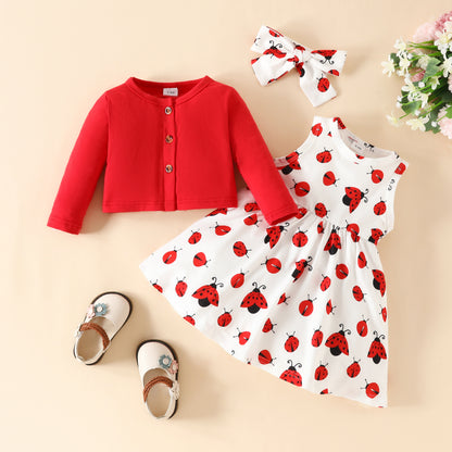 Baby Autumn New Solid Color Long Sleeve Cardigan Jacket Beetle Sleeveless Dress Ladybug Print Suit Skirt 0.2kg