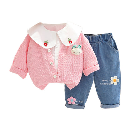 Girls autumn outfit set, new trendy shirt, cardigan, jeans, three piece set, baby long sleeved jacket 0.3kg