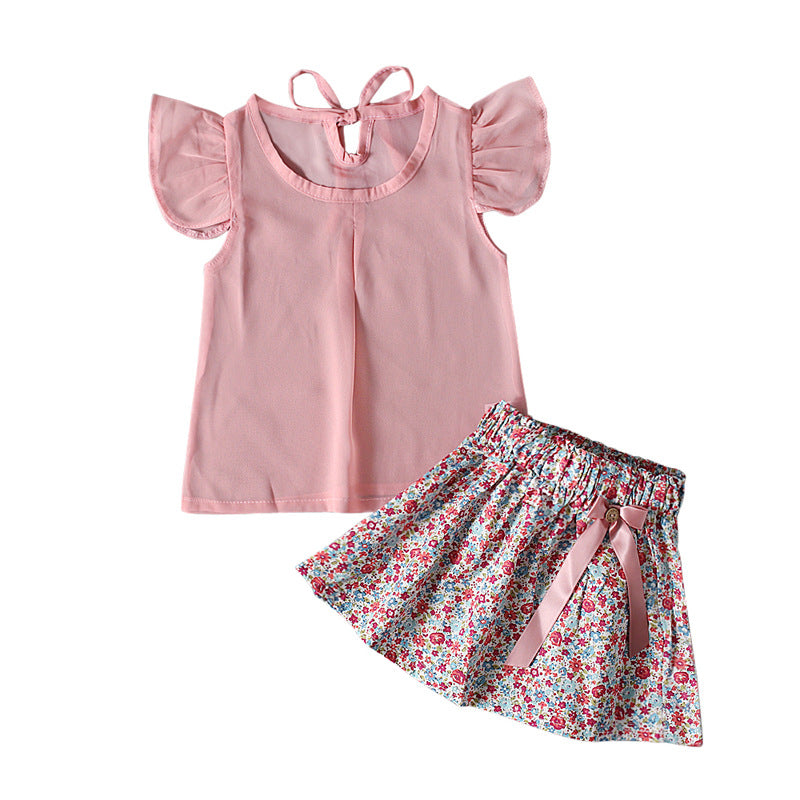 Conjunto de dos piezas de top de manga corta con lazo floral y top de estilo veraniego europeo y americano para niñas, ropa para niños de 0,1 kg 