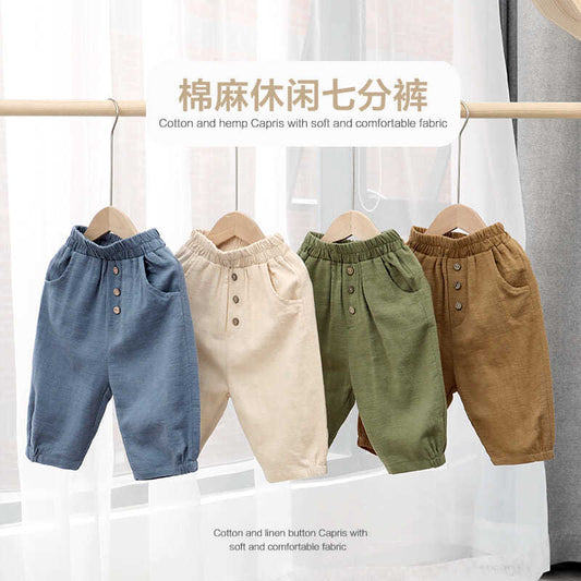 A Boys' shorts 2023 new summer clothes for toddlers and babies in summer cotton and linen cropped pants for small children and foreign casual pants