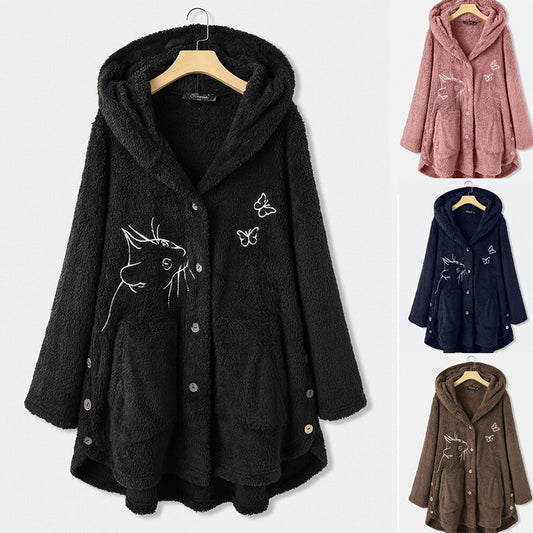 Hooded cotton coat single-breasted ethnic style printed long-sleeved mid-length coat for women