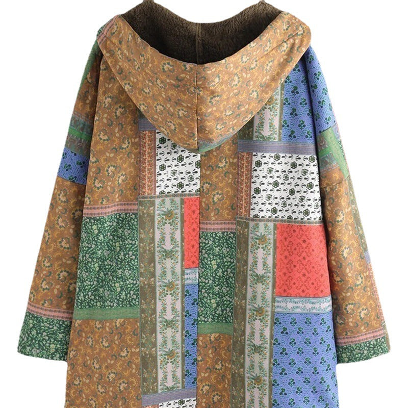 Venta al por mayor de ropa de algodón de otoño e invierno para mujer, chaqueta de abrigo de algodón grueso y cálido de talla grande con capucha y estampado artístico 