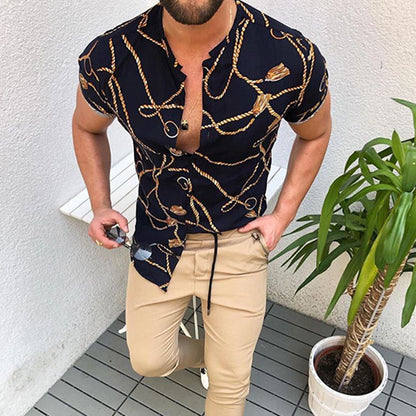 A 2023 Cross border Factory Direct Sales Summer New Ethnic Style Men's Short sleeved Shirts Ethnic Printed Cardigan Top