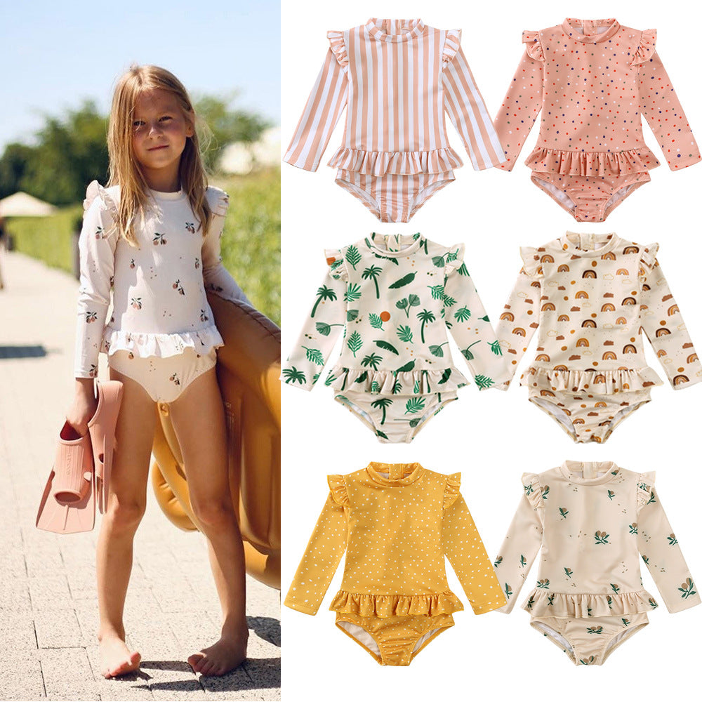 A New Children's Harper Wholesale Girl's Long sleeved One piece Sunscreen Vacation Beach Swimming Suit for Children's Hot Spring Swimming Suit