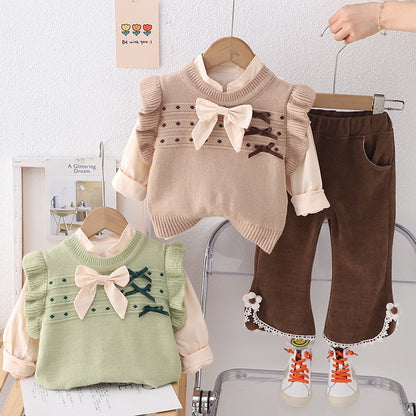 A spring new girls bow sweater vest three-piece baby girl solid color shirt long sleeve set trendy