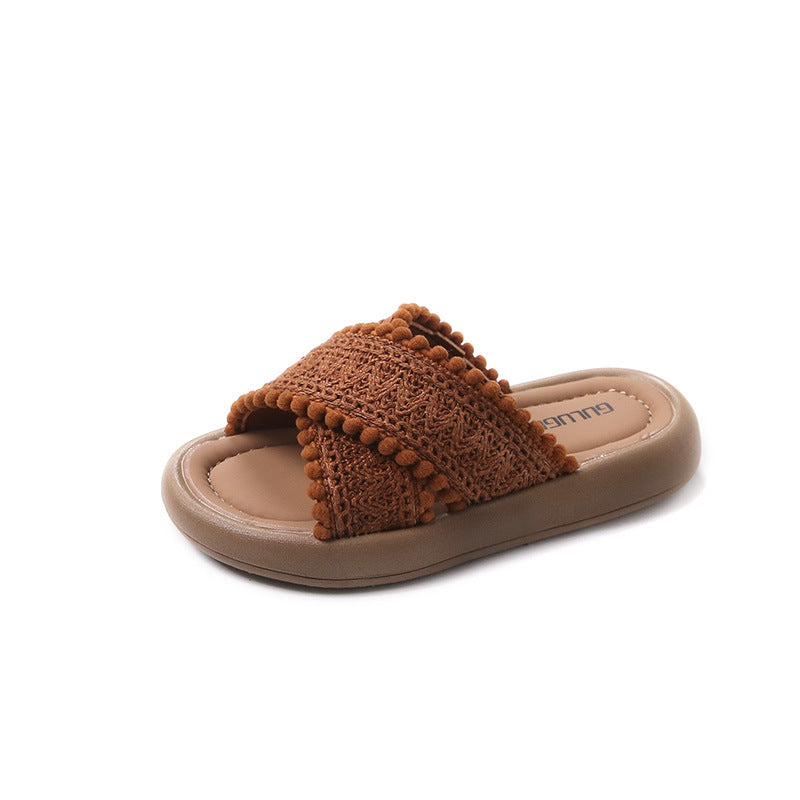 A girls sandals 2024 summer leisure princess shoes woven with hook and loop girls open toe sandals.