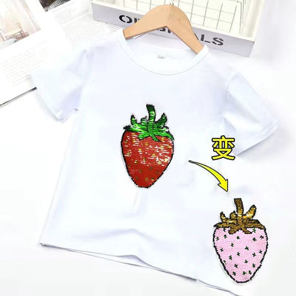 Camiseta de manga corta para niños, ropa para niñas pequeñas, camiseta de verano con lentejuelas que cambian de color, camiseta de media manga suelta extranjera, envío directo de una pieza 