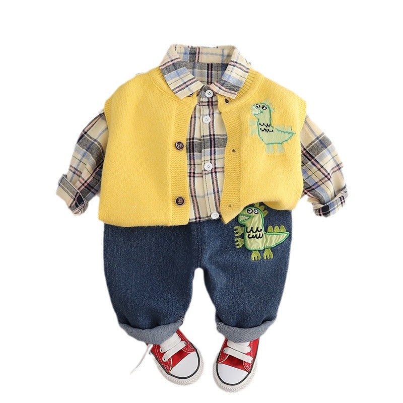 A autumn baby three-piece set manufacturer wholesale boys sweater vest plaid long sleeve primer dinosaur printed trousers