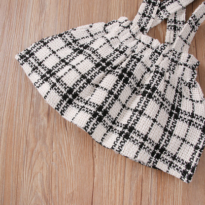 Girl's Cute White Plaid Shirt Set Sweetheart White Shirt Hanging Dress Three Piece Set Wholesale 0.26kg