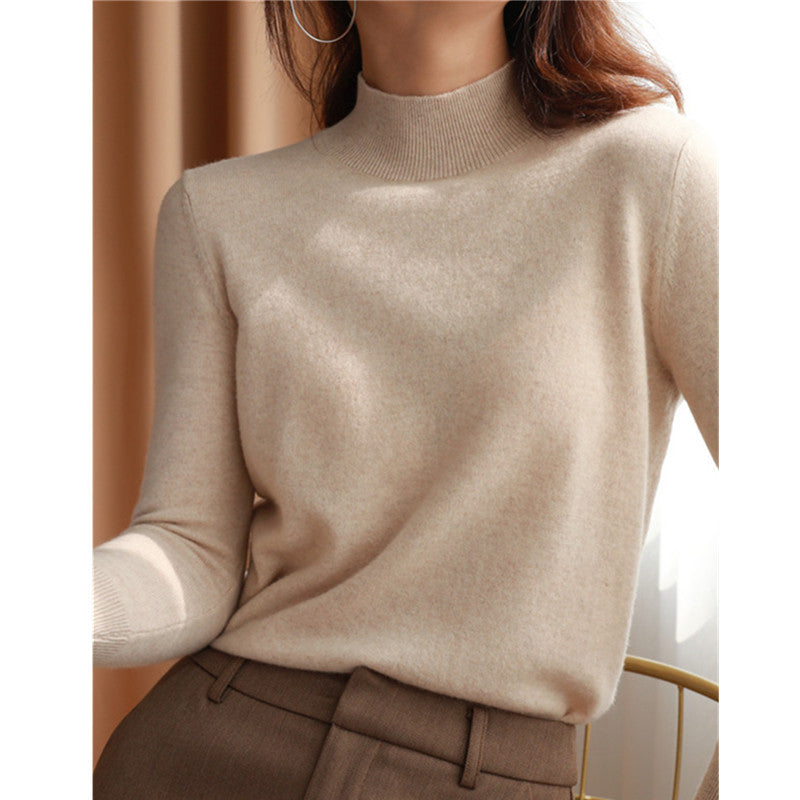 A Autumn and winter semi-turtleneck pullover wool sweater women's loose full-color short fleece sweater long-sleeved inner knitted bottoming shirt