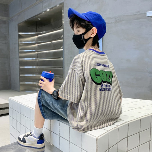 A children&#039;s boy summer short sleeve T-shirt loose new striped big boy summer boy cotton shirt