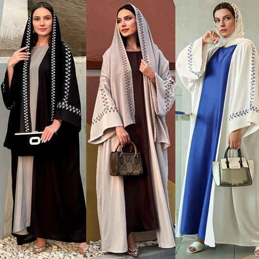 Women's Abaya Middle East Muslim Turban Cardigan Embroidered Dress Arabian Robe Bat Sleeve Overcoat Cross-Border