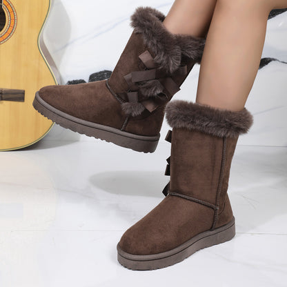 Unas nuevas botas de nieve de mujer de otoño e invierno de tubo mediano, botas medianas y altas, botas de nieve de terciopelo de moda con lazo, comercio exterior transfronterizo 