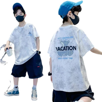 Camiseta de manga corta para niño, novedad de verano de 2024, jersey informal con teñido anudado, tendencia de camiseta de media manga suelta para niños medianos y grandes 