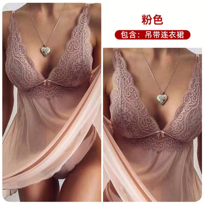 A Crispy Emotional and Fun Underwear for Foreign Trade in Europe and America, Export of Hanging Straps for Women's Sexy Lace Perspective, Elegant and Sexy Pajama Set