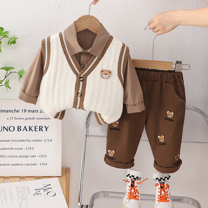 A boys autumn suit new children's spring and autumn foreign style boys baby sweater vest cardigan three-piece trendy set