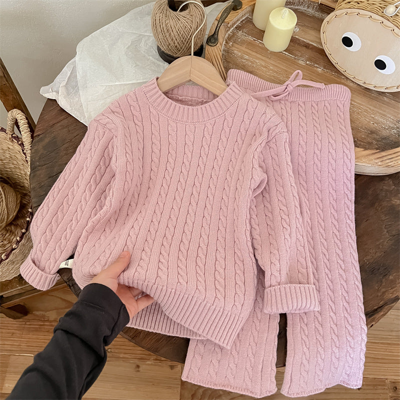 Ropa de invierno para niñas, conjunto de dos piezas de top y pantalones de punto trenzado de estilo coreano, conjunto de suéter informal de estilo occidental para niñas pequeñas 