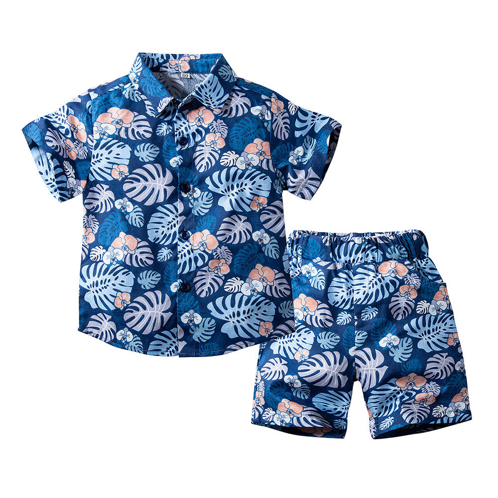 Camisa y pantalones cortos estampados casuales de manga corta para playa de verano para niño coreano, traje de verano para niños, 0,15 kg