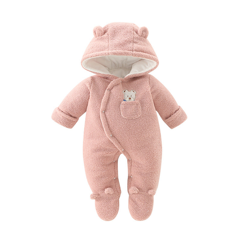 A baby thickened teddy fleece onesie baby bag hands and feet warm Romper winter out climbing clothes