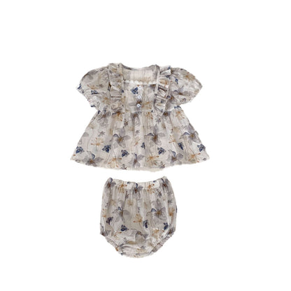 A 2024 summer baby girl treasure ink flower printing square collar short-sleeved shirt+fart pants personality suit