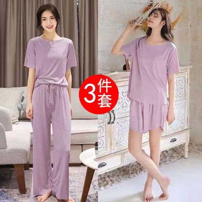 A Summer soft ice silk pajamas three-piece women's loungewear simple casual and comfortable loose short-sleeved shorts set