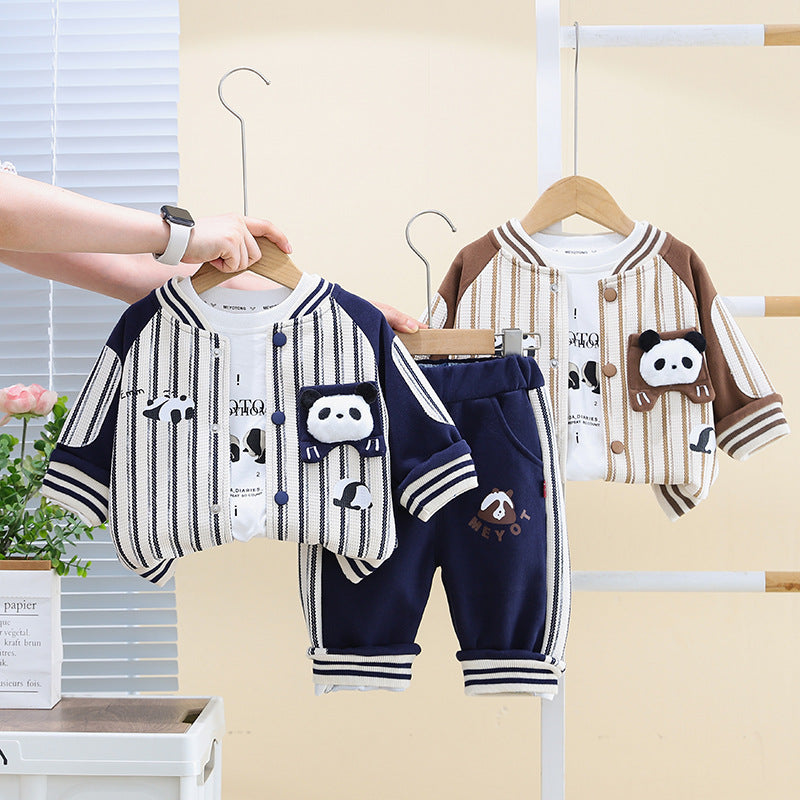 A Boys Autumn Suit New Children's Vertical Strip Cartoon Foreign Style Baseball Suit Baby Casual Jacket Three-piece Set