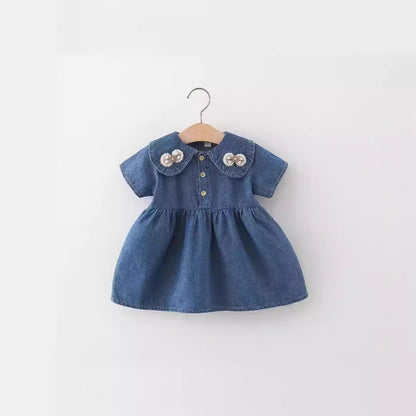 A summer new children&#039;s clothing wholesale doll collar bow short sleeve denim skirt 1 piece on behalf of.