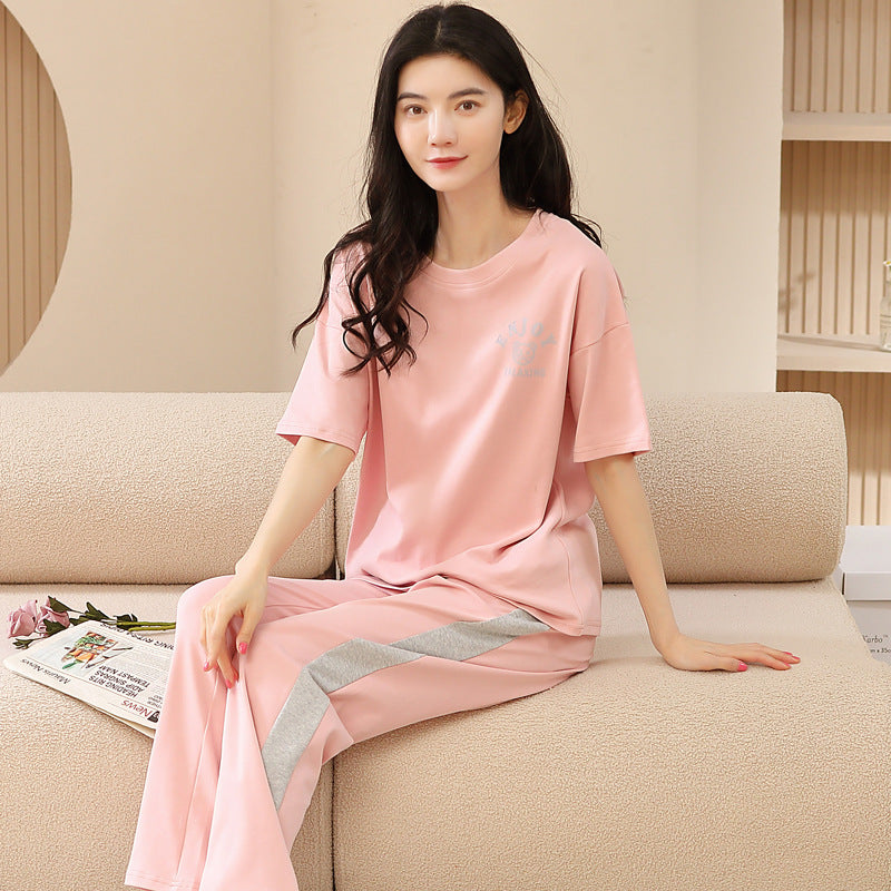 A pajamas women's summer women's pure cotton thin cool short-sleeved trousers round neck summer large-size women's loungewear suit